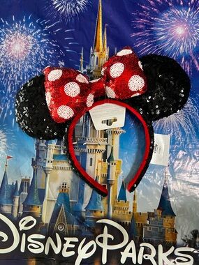 Disney Parks Sequin Minnie Mouse Red Polka Dots Bow Ears Headband NEW